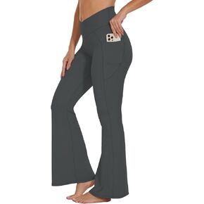 Flare Crossover Leggings with Pockets for Women 30" High Waisted V Cross Wide Leg Yoga Pants Tummy Control Bootcut Workout Gym Dark Grey M