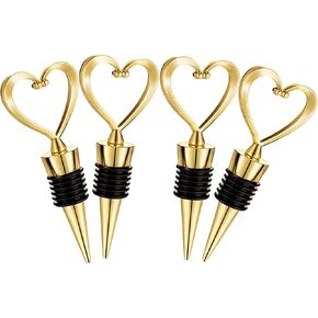 4 Pcs Gold Stainless Steel Love Design Wine Bottle Stoppers, Heart Shape Wine and Beverage Bottle Stoppers for Guests