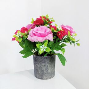 Artificial Flowers Mini Potted Plants, Babysbreath Red Pink Rose Greenery + Paper Pulp Cylindrical Vase, Small Fake Plant Potted Decor for Offices, Bookshelf, Bedroom, Living Room, Party, Wedding