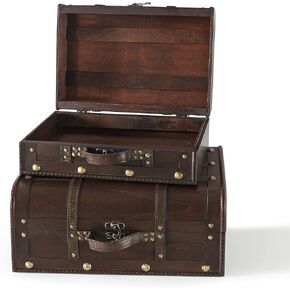 حقيبة سول آند لين بنتلي المزخرفة العتيقة - مجموعة من قطعتين، صندوق تخزين خشبي عتيق مع أغطية مفصلية، صندوق أمتعة قديم لديكور المنزل ودعائم الصور، صندوق خشبي للتنظيم والتذكارات in Kuwait