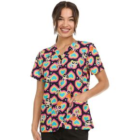 The Powerpuff Girls Women's All Over Print V-Neck Scrub Top with Pockets - Comfortable Work Uniform