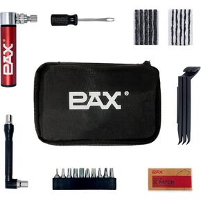 PAX 34Pcs Bike Repair Tools Bag. 10Pcs Tire Plugs &1 Split Tool, 10Pcs Mini Ratchet Wrench Screwdriver Bits,1 Ratchet Wrench, 6Pcs Glueless Tube Patches 1 Sandpaper, 1 Mini Air Pump, 3Pcs Tire Levers