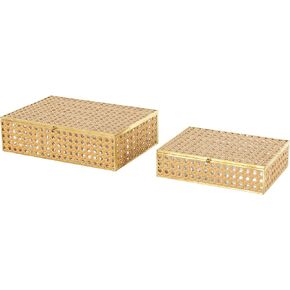 Deco 79 Rattan Decorative Jewelry Box Woven Jewelry Organizers with Glass Panels and Chain Accent, Set of 2 Jewelry Holder 10", 8"W, Brown