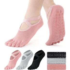 3 Pairs Socks with Toes, Non Slip Full Toe Socks with Grips for Women, for Pilates, Yoga, Dance