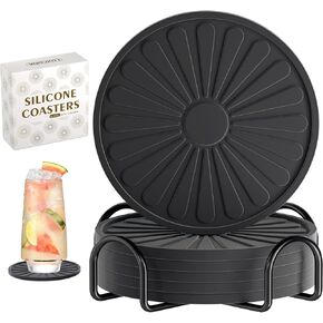 Silicone Coasters Set of 6, Drink Coasters Set with Holder for Coffee Table and Desk, Outdoor Coasters for Tabletop Protection, Non-Slip and Heat Resistant, Round, Black