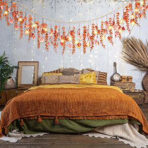 Juexica Fall Artificial Eucalyptus Wall Hanging Boho Decor with LED Light Bedroom Wall Decor with LED String Lights for Autumn Thanksgiving Halloween Decor Fall Home Indoor Outdoor Wedding