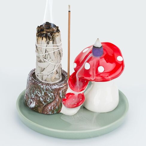 ZenBless 4 in 1 Incense Burner Holder, Ceramic Mushroom Palo Santo Holder, Sage Holder for Burning, Insence-Stick Holder, Backflow Incense Burner, 5.9 inches Ash Catcher Tray for Meditation Yoga Room in Saudi Arabia