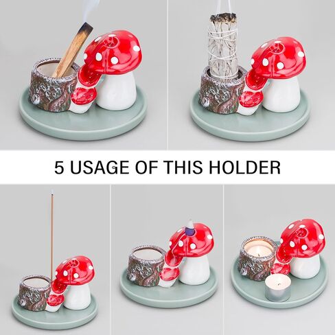 ZenBless 4 in 1 Incense Burner Holder, Ceramic Mushroom Palo Santo Holder, Sage Holder for Burning, Insence-Stick Holder, Backflow Incense Burner, 5.9 inches Ash Catcher Tray for Meditation Yoga Room in Saudi Arabia