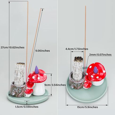ZenBless 4 in 1 Incense Burner Holder, Ceramic Mushroom Palo Santo Holder, Sage Holder for Burning, Insence-Stick Holder, Backflow Incense Burner, 5.9 inches Ash Catcher Tray for Meditation Yoga Room in Saudi Arabia