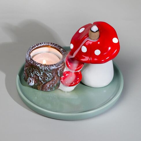 ZenBless 4 in 1 Incense Burner Holder, Ceramic Mushroom Palo Santo Holder, Sage Holder for Burning, Insence-Stick Holder, Backflow Incense Burner, 5.9 inches Ash Catcher Tray for Meditation Yoga Room in Saudi Arabia