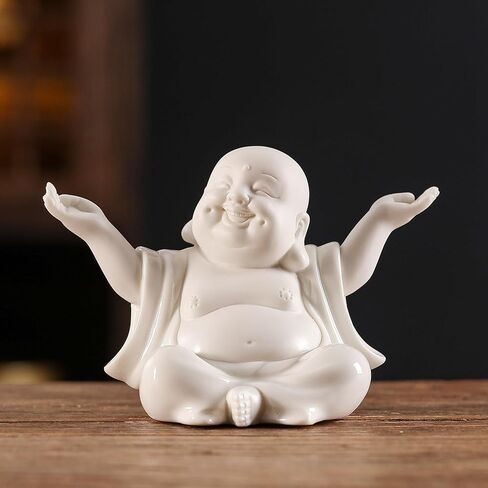 Houlu Small White Laughing Buddha Statue for Home Decor, Ceramic Happy Buddha Statue Indoor for Good Luck in Saudi Arabia