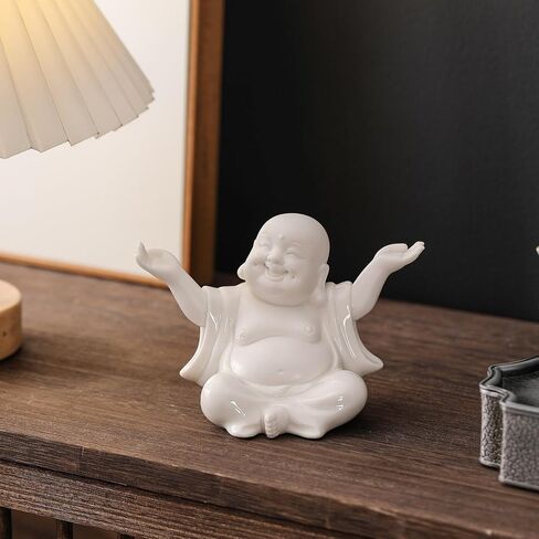 Houlu Small White Laughing Buddha Statue for Home Decor, Ceramic Happy Buddha Statue Indoor for Good Luck in Saudi Arabia