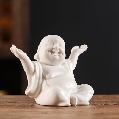 Houlu Small White Laughing Buddha Statue for Home Decor, Ceramic Happy Buddha Statue Indoor for Good Luck in Saudi Arabia