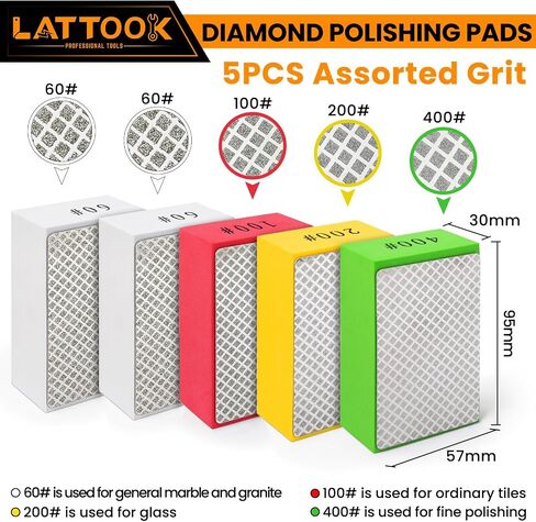 5pcs Diamond Hand Polishing Pads, LATTOOK Diamond Sanding Pads 60/100/200/400/1000 Grit Sanding Block Foam Backing for Tile Glass Stone Marble Granite Ceramics Metal Wet & Dry in Saudi Arabia