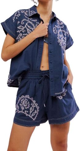 Juakoso Y2K Women Vintage Graffiti 2 Pieces Shorts Sets Floral Fruit Print Short Sleeve Shirt and Shorts Beachwear Tracksuit in Saudi Arabia