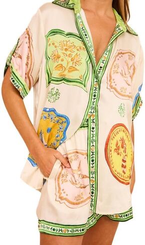 Juakoso Y2K Women Vintage Graffiti 2 Pieces Shorts Sets Floral Fruit Print Short Sleeve Shirt and Shorts Beachwear Tracksuit in Saudi Arabia
