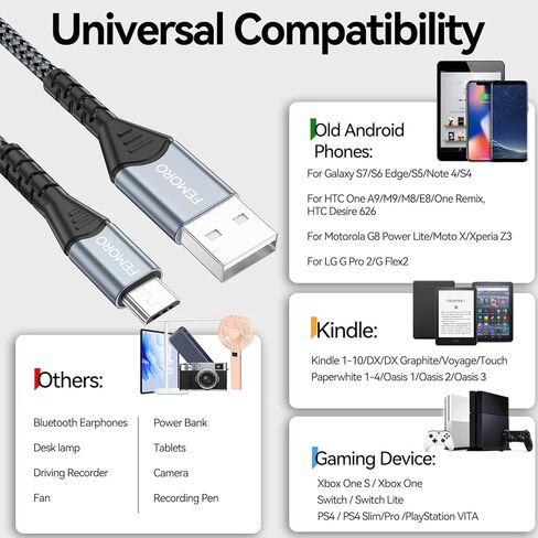 كابل FEMORO Micro USB بطول 6 أقدام، كابل USB من النوع A إلى Micro USB 2.0 لنقل البيانات والشحن سلك Android مضفر بقوة 12 وات متوافق مع MicroUSB Kindle للهواتف الذكية اللوحية ومكبر صوت بلوتوث MP3 in Kuwait