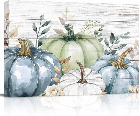 Fall Canvas Wall Art - Thanksgiving Blue Green White Pumpkin - Modern Wall Decor Gallery Canvas Wraps Giclee Print Stretched and Framed Ready to Hang - 20" x 24" in Kuwait