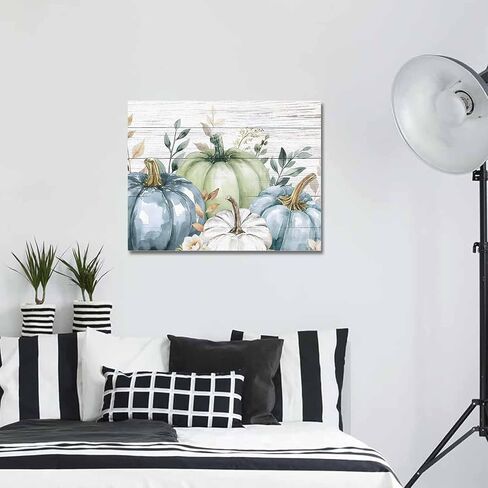 Fall Canvas Wall Art - Thanksgiving Blue Green White Pumpkin - Modern Wall Decor Gallery Canvas Wraps Giclee Print Stretched and Framed Ready to Hang - 20" x 24" in Kuwait