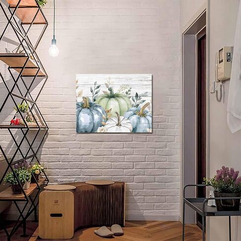 Fall Canvas Wall Art - Thanksgiving Blue Green White Pumpkin - Modern Wall Decor Gallery Canvas Wraps Giclee Print Stretched and Framed Ready to Hang - 20" x 24" in Kuwait