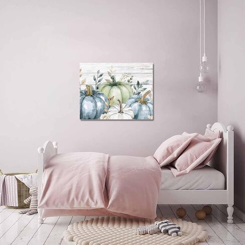 Fall Canvas Wall Art - Thanksgiving Blue Green White Pumpkin - Modern Wall Decor Gallery Canvas Wraps Giclee Print Stretched and Framed Ready to Hang - 20" x 24" in Kuwait