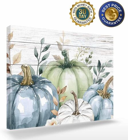 Fall Canvas Wall Art - Thanksgiving Blue Green White Pumpkin - Modern Wall Decor Gallery Canvas Wraps Giclee Print Stretched and Framed Ready to Hang - 20" x 24" in Kuwait
