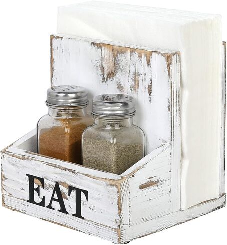 MyGift Rustic Burnt Solid Wood 2-in-One Dining Caddy with White Printed EAT Label, Napkin Holder and Seasoning Compartment, Includes Salt and Pepper Shakers in Saudi Arabia