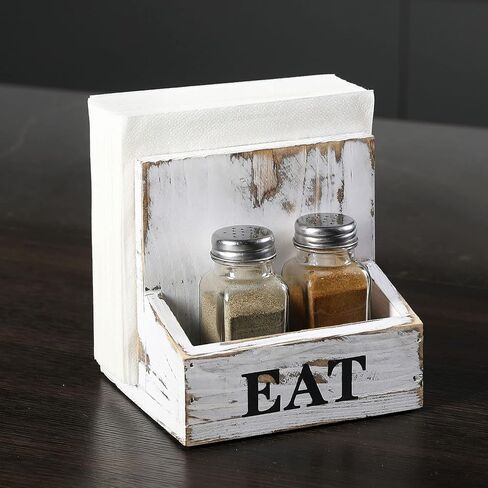 MyGift Rustic Burnt Solid Wood 2-in-One Dining Caddy with White Printed EAT Label, Napkin Holder and Seasoning Compartment, Includes Salt and Pepper Shakers in Saudi Arabia