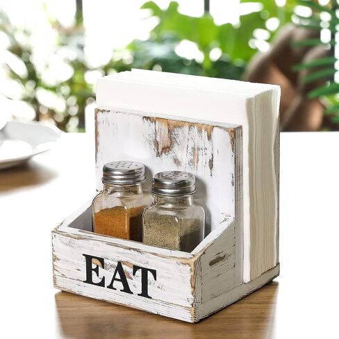 MyGift Rustic Burnt Solid Wood 2-in-One Dining Caddy with White Printed EAT Label, Napkin Holder and Seasoning Compartment, Includes Salt and Pepper Shakers in Saudi Arabia