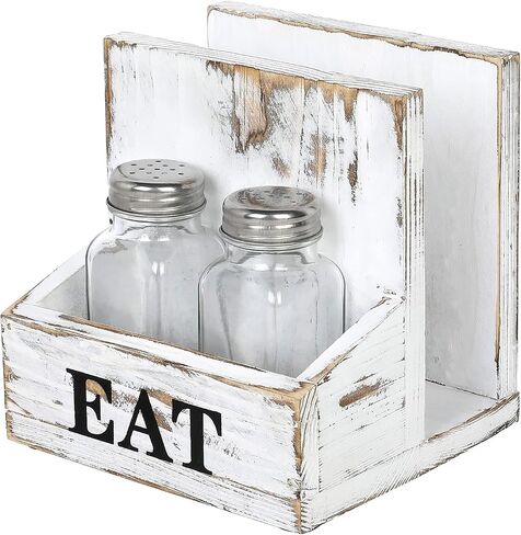 MyGift Rustic Burnt Solid Wood 2-in-One Dining Caddy with White Printed EAT Label, Napkin Holder and Seasoning Compartment, Includes Salt and Pepper Shakers in Saudi Arabia