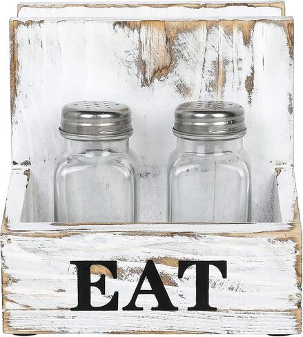 MyGift Rustic Burnt Solid Wood 2-in-One Dining Caddy with White Printed EAT Label, Napkin Holder and Seasoning Compartment, Includes Salt and Pepper Shakers in Saudi Arabia