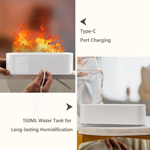Flame Diffuser Humidifier with Three Speed Timer, LED Light Effects, 150ml Water Tank, Type C Charging for Home/Office, Ideal for Relaxation and Aromatherapy Lovers (White) in Saudi Arabia