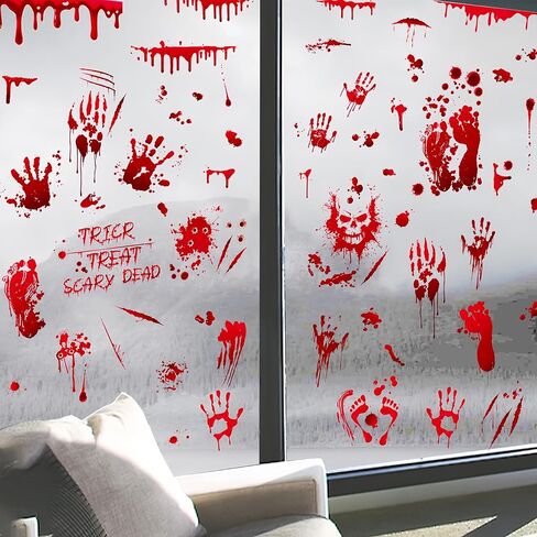 9 Sheets Halloween Window Clings Bloody Handprint and Bloody Footprints Window Clings Scary Halloween Window Decals Double Sided Static Window Decals for Halloween Party Decoration Indoor Outdoor in Saudi Arabia
