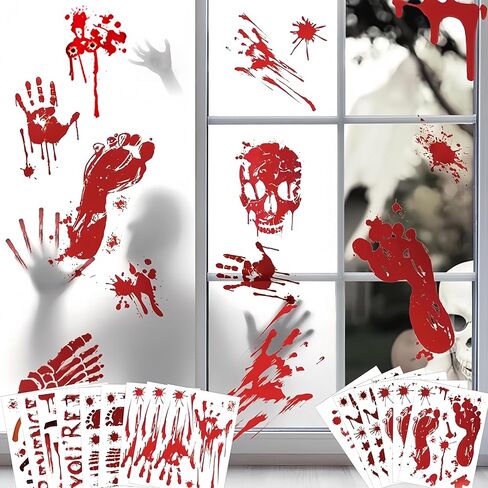 9 Sheets Halloween Window Clings Bloody Handprint and Bloody Footprints Window Clings Scary Halloween Window Decals Double Sided Static Window Decals for Halloween Party Decoration Indoor Outdoor in Saudi Arabia