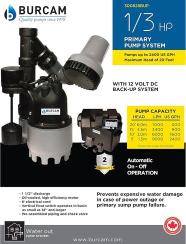 B BURCAM QUALITY PUMPS SINCE 1978 300828BUPZ 1/3HP Cast Iron Sump Pump With 12 Volts Battery Backup System in Saudi Arabia