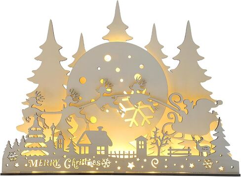 CCINEE Pre-Lit Wooden Christmas Tabletop Decor LED Wood Christmas Tree Light Village Scene House with Lights Battery Operated Luminous Farmhouse Christmas Desktop Decoration for Xmas Party Decor in Saudi Arabia