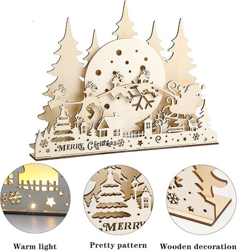 CCINEE Pre-Lit Wooden Christmas Tabletop Decor LED Wood Christmas Tree Light Village Scene House with Lights Battery Operated Luminous Farmhouse Christmas Desktop Decoration for Xmas Party Decor in Saudi Arabia