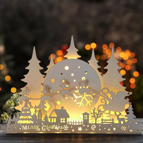 CCINEE Pre-Lit Wooden Christmas Tabletop Decor LED Wood Christmas Tree Light Village Scene House with Lights Battery Operated Luminous Farmhouse Christmas Desktop Decoration for Xmas Party Decor in Saudi Arabia