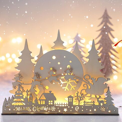 CCINEE Pre-Lit Wooden Christmas Tabletop Decor LED Wood Christmas Tree Light Village Scene House with Lights Battery Operated Luminous Farmhouse Christmas Desktop Decoration for Xmas Party Decor in Saudi Arabia