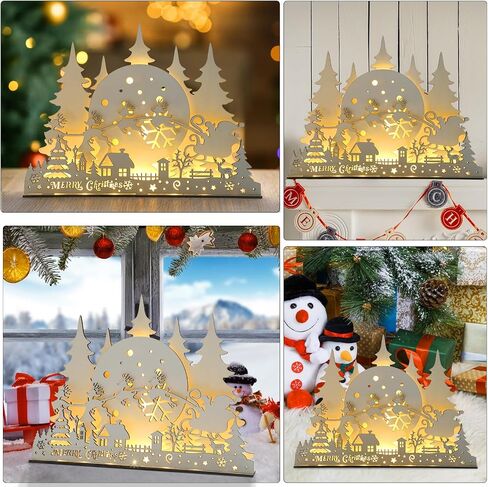 CCINEE Pre-Lit Wooden Christmas Tabletop Decor LED Wood Christmas Tree Light Village Scene House with Lights Battery Operated Luminous Farmhouse Christmas Desktop Decoration for Xmas Party Decor in Saudi Arabia