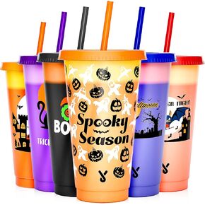 Meoky Halloween Decorations, Plastic Cups with Lids and Straws - 6 Pack 24 oz Color Changing Cups, Reusable Tumblers Bulk for Party, Women