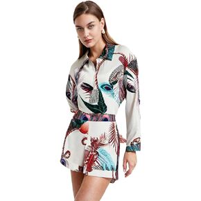 Womens Two Piece Outfits Zipper Lapel Long Sleeve Print Workout Tops Blouse T-Shirts Pocket Shorts Sets