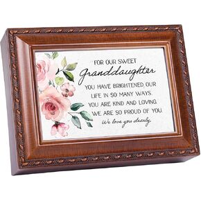 Cottage Garden For Our Sweet Granddaughter - Multicolor 8 x 6 Inch Poly-Cast Resin Musical Jewelry Box