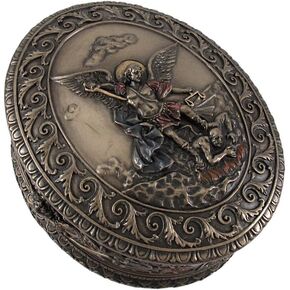 Veronese Design 4.75 Inch Saint Michael Ornate Oval Shaped Bas Relief Trinket Rosary Box Cold Cast Resin Bronze Finish