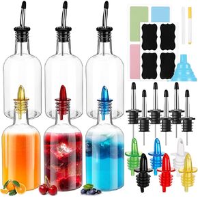 Maxcheck 6 Set 16 oz Plastic Long Neck Bottles with Rainbow Pourer and Caps Plastic Juice Pour Bottles with Stainless Steel Bottle Pourer Tapered Spout Syrup Bottles Pourers for Liquor Juice Store