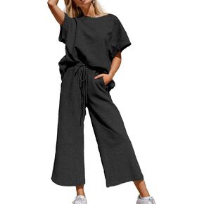 Women 2 Piece Homewear Short Sleeve Tops And Wide Leg Long Pants Matching Lounge Sets