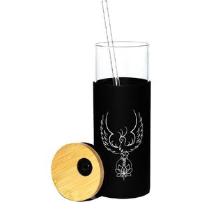 Phoenix 20oz Glass Water Bottle - Glass Tumbler with Silicone Protective Sleeve Bamboo Lid and Straw - Dishwasher safe in Saudi Arabia