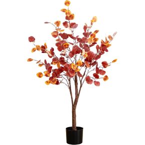 Nearly Natural 4-FT Pre-lit Artificial Autumn Eucalyptus Tree with 160 Warm White LED Lights, Faux Eucalyptus Tree with Fall Colors for Home & Office Décor in Black Nursery Planter