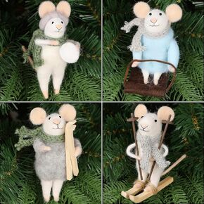 Juegoal Felt Skiing Mice Ornaments Set of 4, Winter Xmas Wool White Mouse Hanging Decor, Felt Animal Crafts Woodland Cute Christmas Tree Wreath Decor for Home Party Supplies