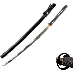 HMS Unsharpened Iaido Iaito Katana Training Sword, Handmade, Aluminium Alloy Blade, Full Tang, Tomoe Crest Tsuba, Black Scabbard
